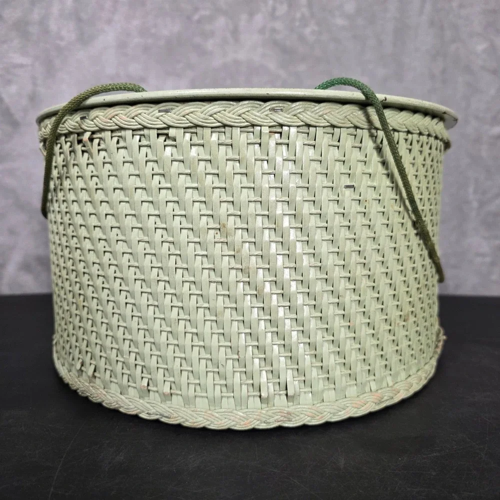 Princess 1950's Vintage Wicker Round Sewing Basket Lid Green Fair Retro Grandma